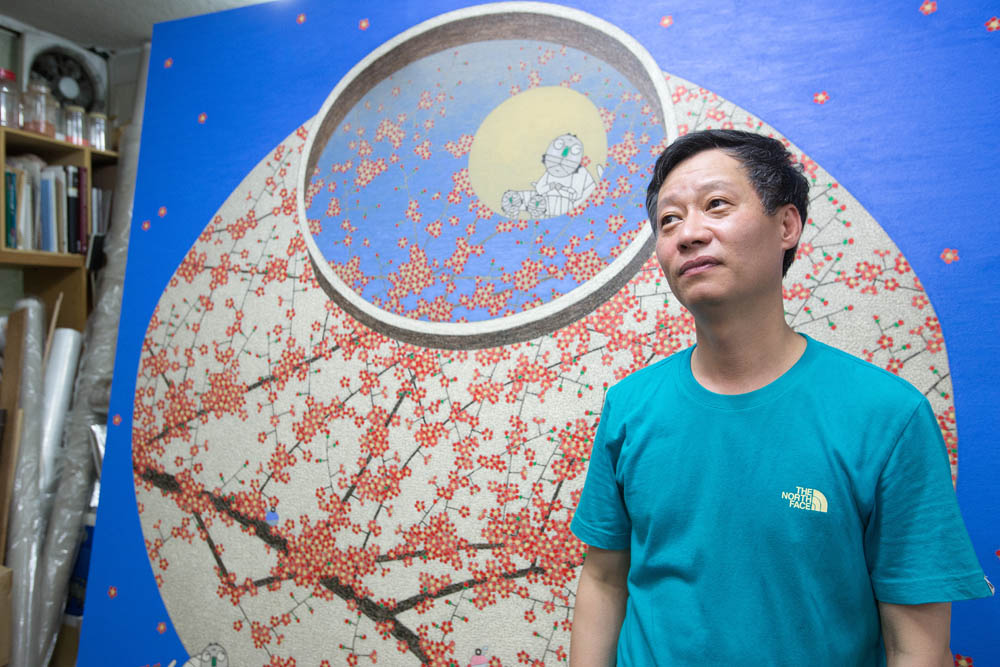 그림;화가;화백;모용수;달;매화;호랑이;석채;오일스틱